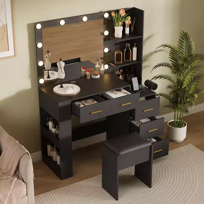 Coiffeuse avec miroir et tabouret, coiffeuse blanche avec 5 tiroirs, ensemble de coiffeuse pour chambre à coucher