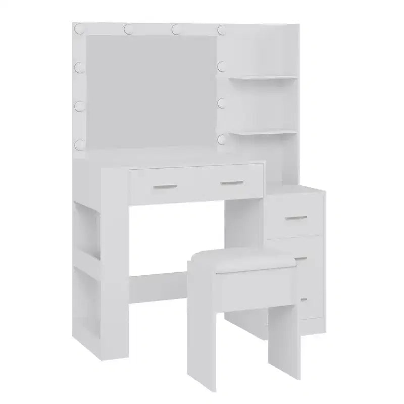 Coiffeuse avec miroir et tabouret, coiffeuse blanche avec 5 tiroirs, ensemble de coiffeuse pour chambre à coucher