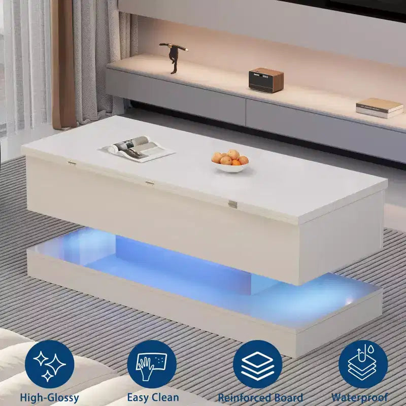 Table basse relevable Acekool avec rangement, table réglable de 47 pouces avec finition brillante pour salon et bureau à domicile
