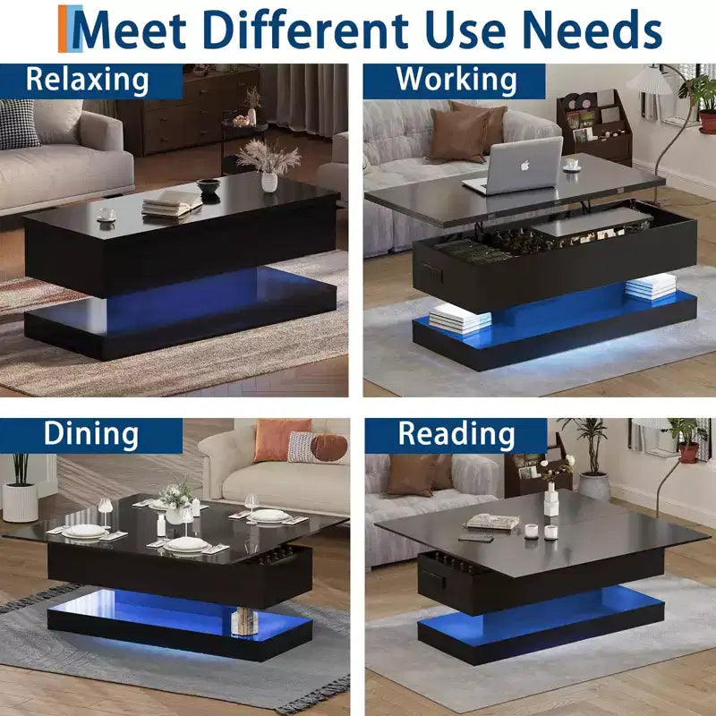 Table basse relevable Acekool avec rangement, table réglable de 47 pouces avec finition brillante pour salon et bureau à domicile