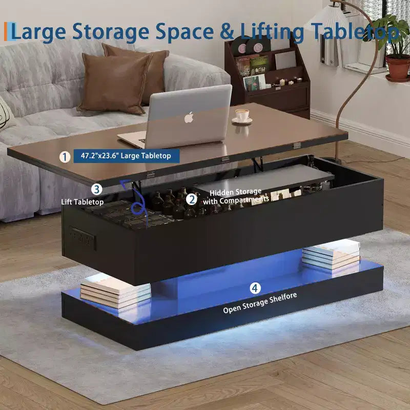 Table basse relevable Acekool avec rangement, table réglable de 47 pouces avec finition brillante pour salon et bureau à domicile