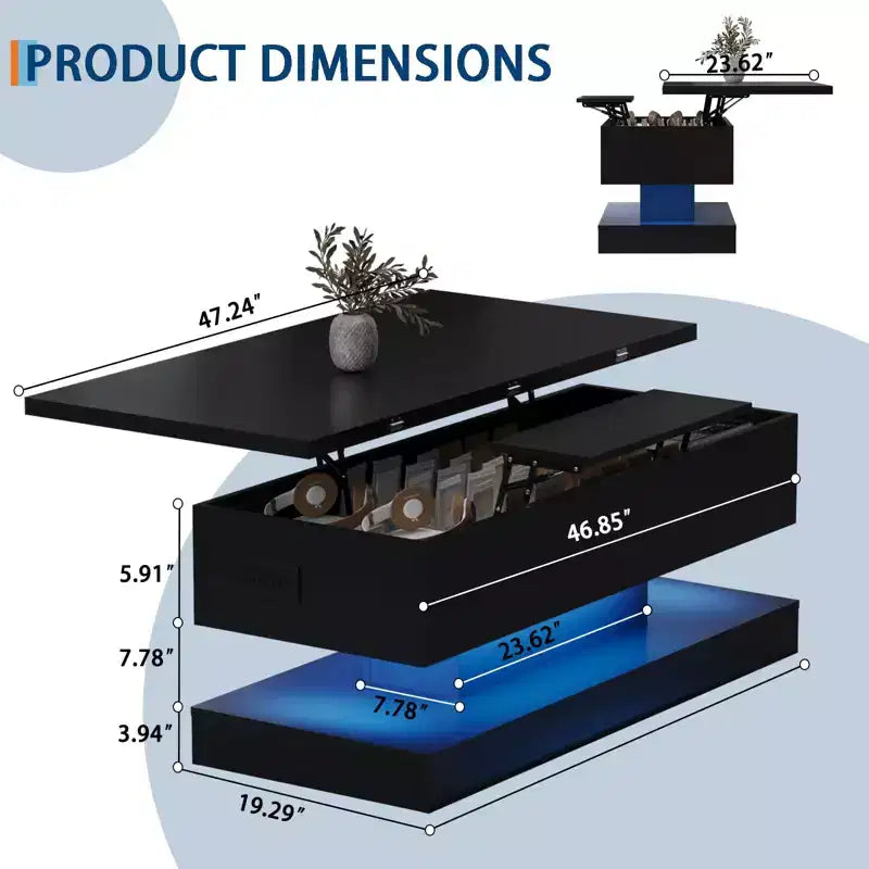 Table basse relevable Acekool avec rangement, table réglable de 47 pouces avec finition brillante pour salon et bureau à domicile