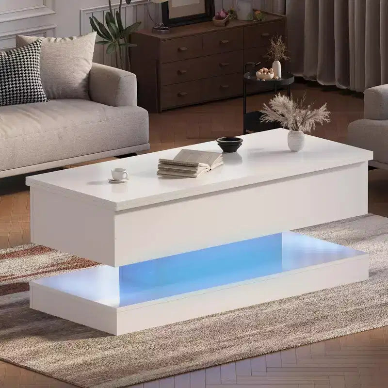 Table basse relevable Acekool avec rangement, table réglable de 47 pouces avec finition brillante pour salon et bureau à domicile