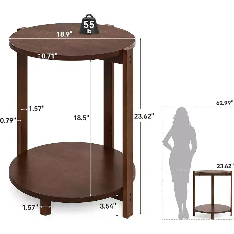 Table d'appoint en bois massif Lantine pour salon, petite table de bout ronde avec rangement à 2 niveaux, meuble d'appoint pour petits espaces, chambre à coucher, appartement, marron