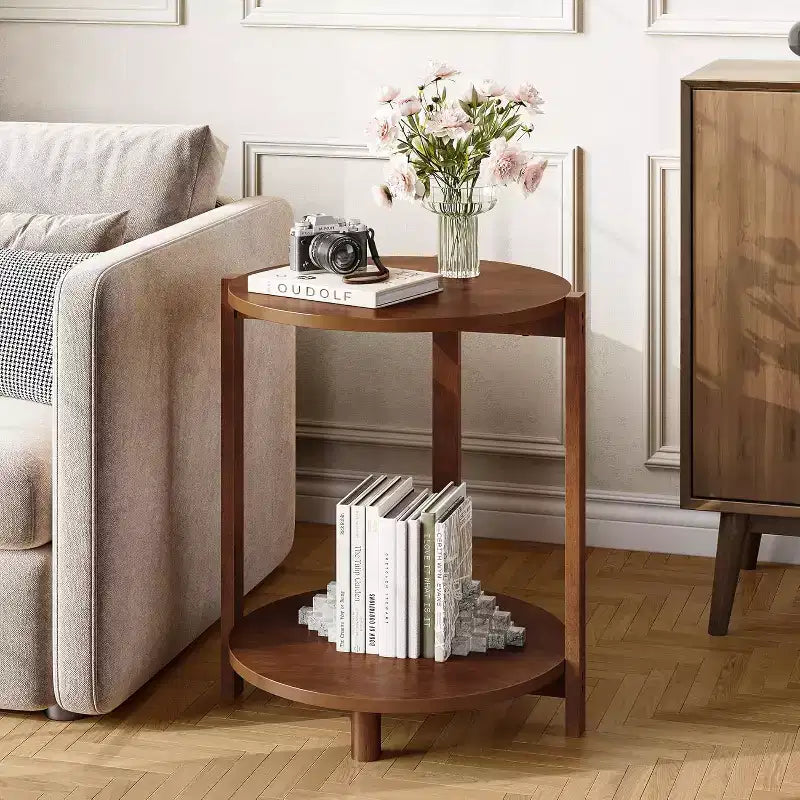 Table d'appoint en bois massif Lantine pour salon, petite table de bout ronde avec rangement à 2 niveaux, meuble d'appoint pour petits espaces, chambre à coucher, appartement, marron