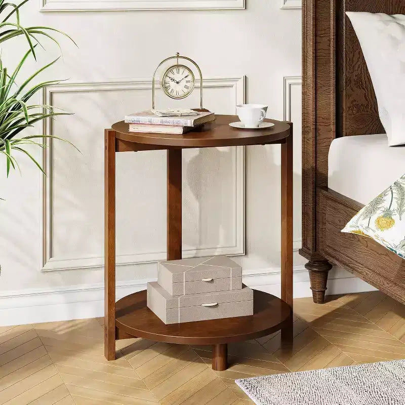 Table d'appoint en bois massif Lantine pour salon, petite table de bout ronde avec rangement à 2 niveaux, meuble d'appoint pour petits espaces, chambre à coucher, appartement, marron