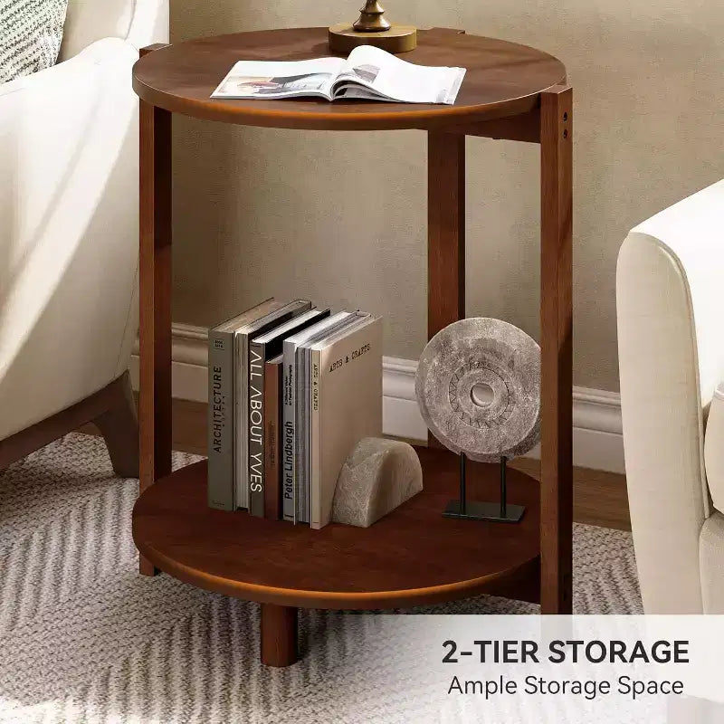 Table d'appoint en bois massif Lantine pour salon, petite table de bout ronde avec rangement à 2 niveaux, meuble d'appoint pour petits espaces, chambre à coucher, appartement, marron