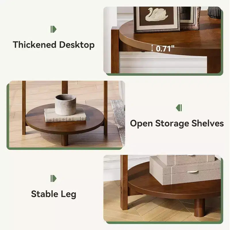 Table d'appoint en bois massif Lantine pour salon, petite table de bout ronde avec rangement à 2 niveaux, meuble d'appoint pour petits espaces, chambre à coucher, appartement, marron