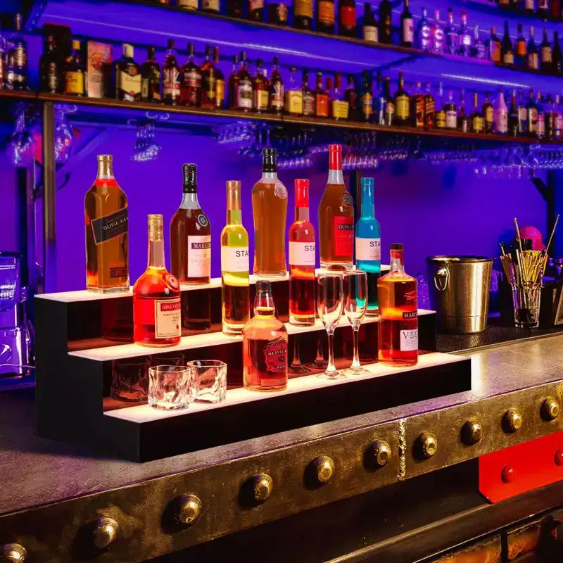 Étagère de présentation de bouteilles d'alcool à LED de 152 cm, 3 niveaux, acrylique, RVB multicolore, murale, avec télécommande et contrôle par application, pour rangement de bar à domicile/commercial
