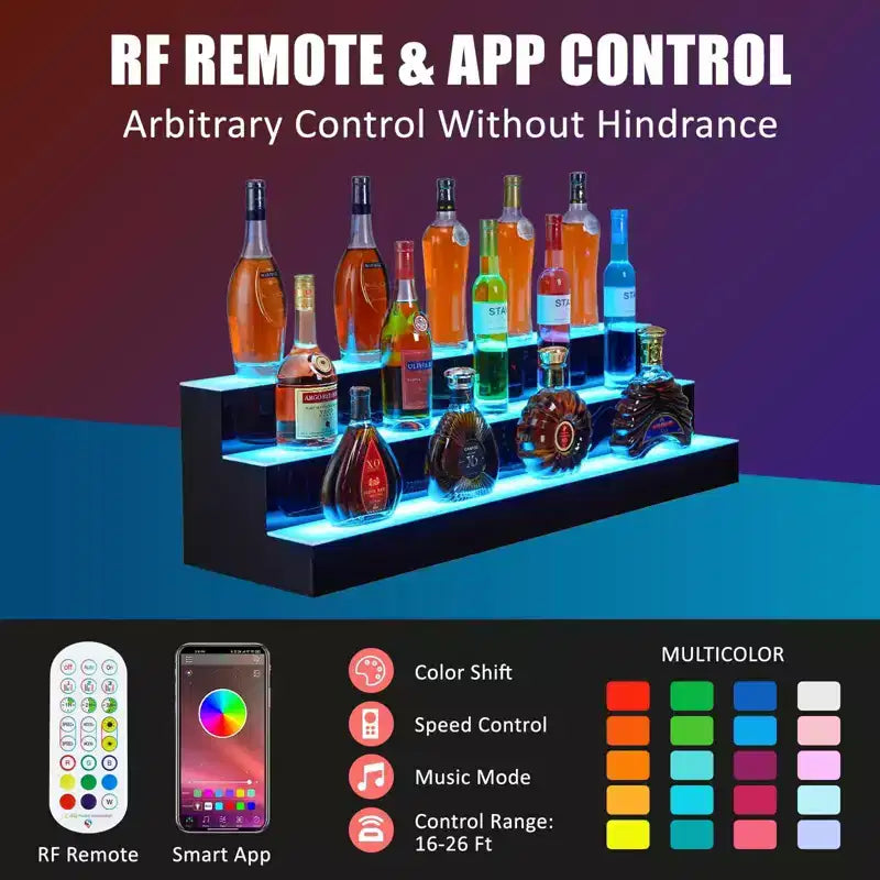 Étagère de présentation de bouteilles d'alcool à LED de 152 cm, 3 niveaux, acrylique, RVB multicolore, murale, avec télécommande et contrôle par application, pour rangement de bar à domicile/commercial
