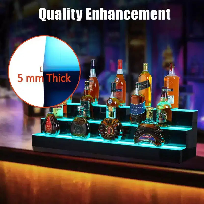 Étagère de présentation de bouteilles d'alcool à LED de 152 cm, 3 niveaux, acrylique, RVB multicolore, murale, avec télécommande et contrôle par application, pour rangement de bar à domicile/commercial