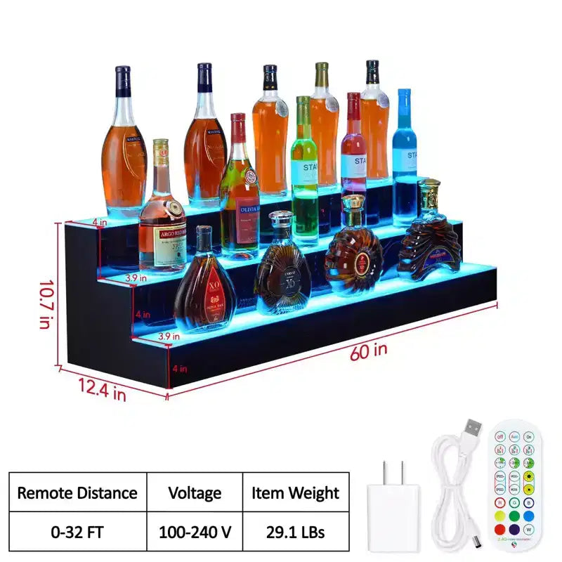 Étagère de présentation de bouteilles d'alcool à LED de 152 cm, 3 niveaux, acrylique, RVB multicolore, murale, avec télécommande et contrôle par application, pour rangement de bar à domicile/commercial