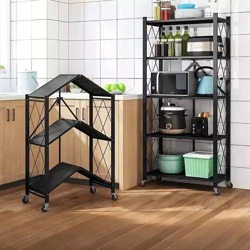 5-Tier Foldable Storage Shelves with Wheels, Heavy Duty Metal Rolling Shelving Unit for Kitchen, Garage & Pantry,No Assembly