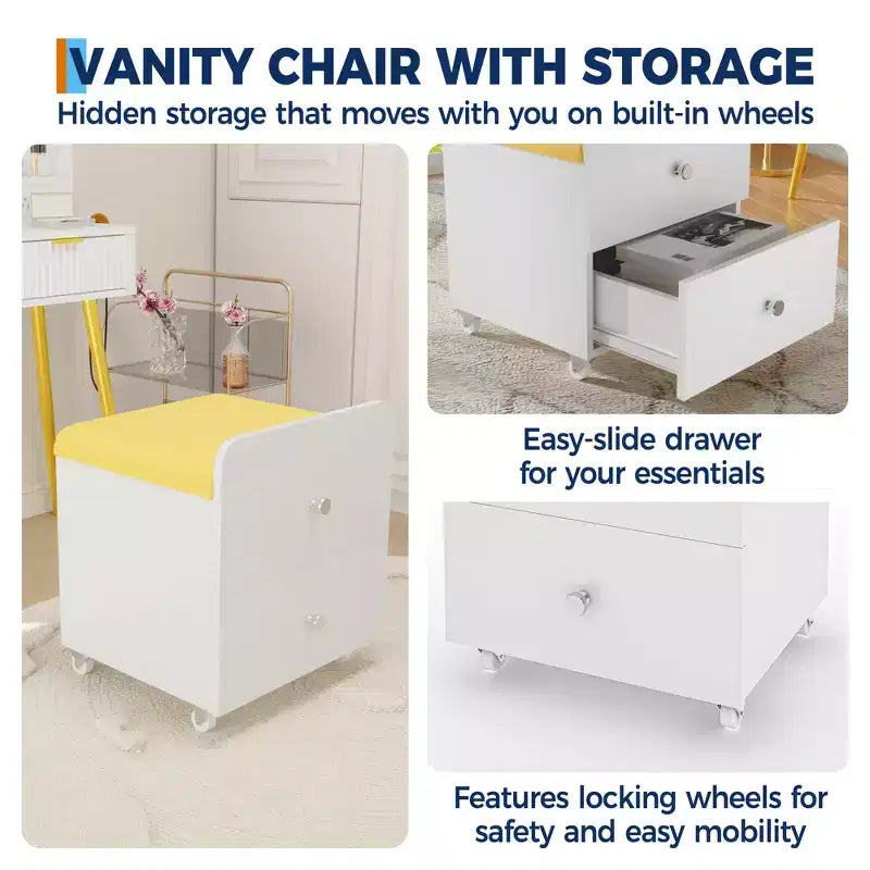 Tabouret de Coiffeuse Moderne avec Tiroir de Rangement, Pouf en Cuir PU de 44 cm avec Roulettes Verrouillables, Chaise de Maquillage Multifonctionnelle pour Chambre et Salon