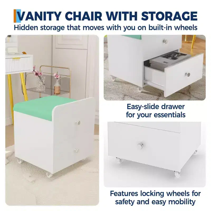Tabouret de Coiffeuse Moderne avec Tiroir de Rangement, Pouf en Cuir PU de 44 cm avec Roulettes Verrouillables, Chaise de Maquillage Multifonctionnelle pour Chambre et Salon