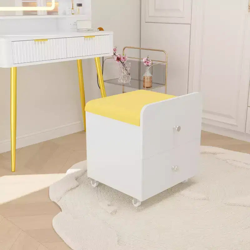 Tabouret de Coiffeuse Moderne avec Tiroir de Rangement, Pouf en Cuir PU de 44 cm avec Roulettes Verrouillables, Chaise de Maquillage Multifonctionnelle pour Chambre et Salon