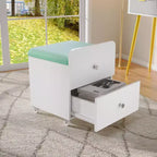 Modern Vanity Stool with Storage Drawer, 17.3 PU Leather Ottoman with Lockable Wheels, Multifunctional Makeup Chair for Bedroom & Living Room