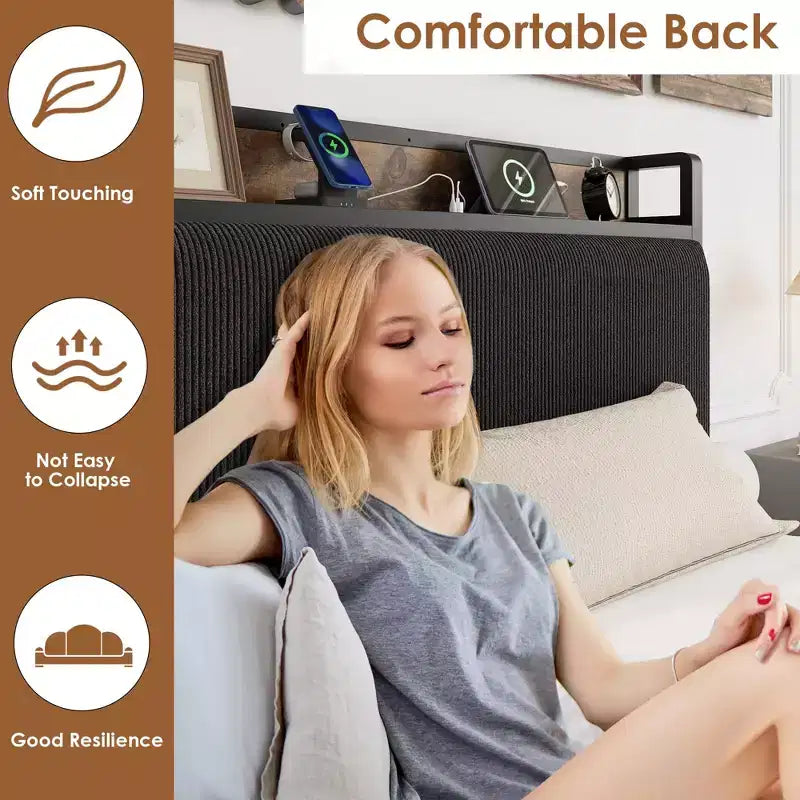 Cadre de lit plateforme rembourré avec tête de lit de rangement, aucun sommier tapissier requis, silencieux