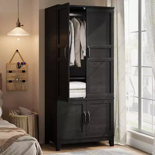 Armoire Wardrobe Closet, 72 in Wooden Wardrobe Cabinet with Hanging Rod, Tall Clothing Armoire Storage Cabinet with Adjustable Shelves for Bedroom