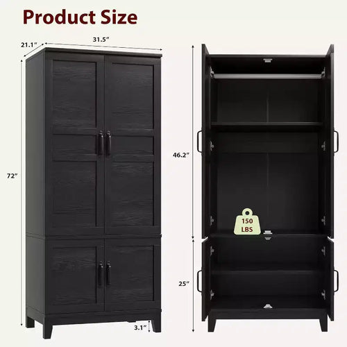 Armoire de chambre en bois de 72 po avec tringle à vêtements, Grande armoire de rangement avec étagères réglables pour chambre à coucher