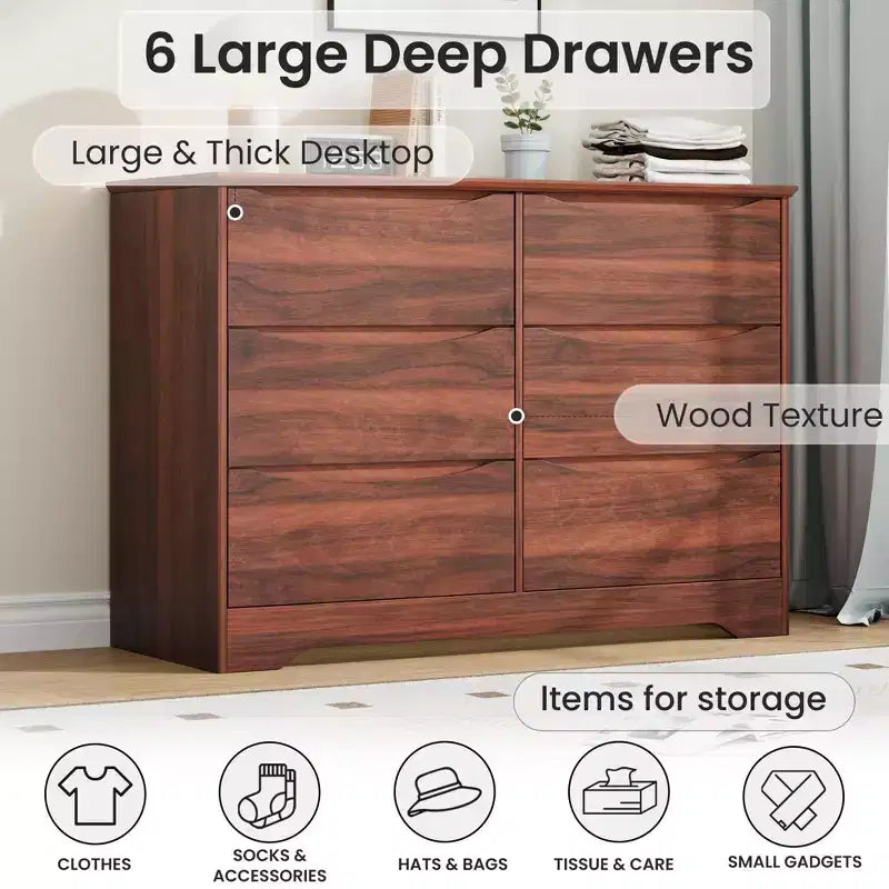Commode à 6 tiroirs pour chambre à coucher, commode moderne, commode double en bois avec tiroirs profonds pour salon, couloir, entrée