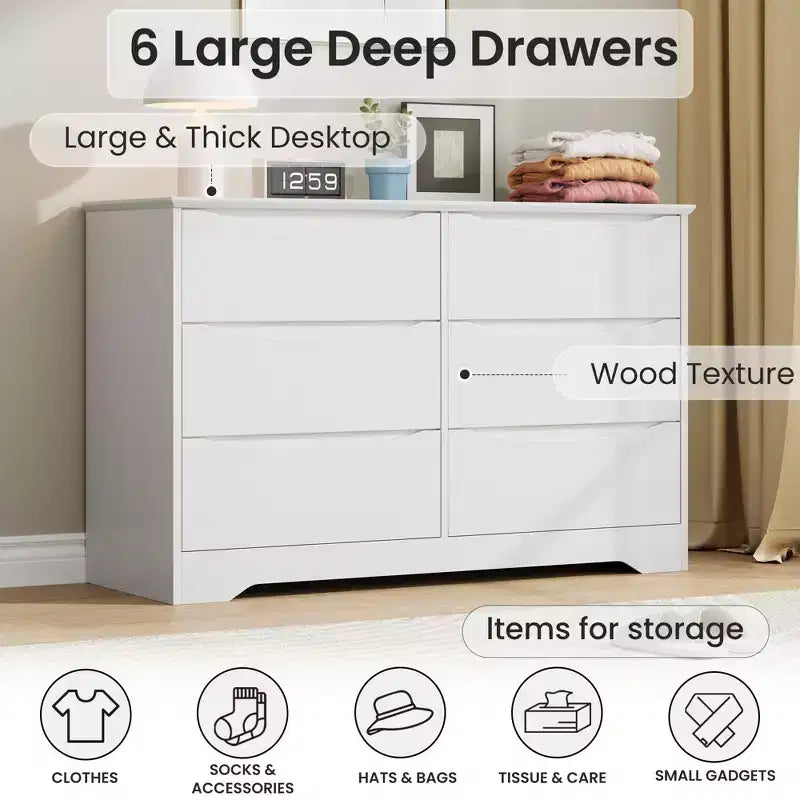 Commode à 6 tiroirs pour chambre à coucher, commode moderne, commode double en bois avec tiroirs profonds pour salon, couloir, entrée