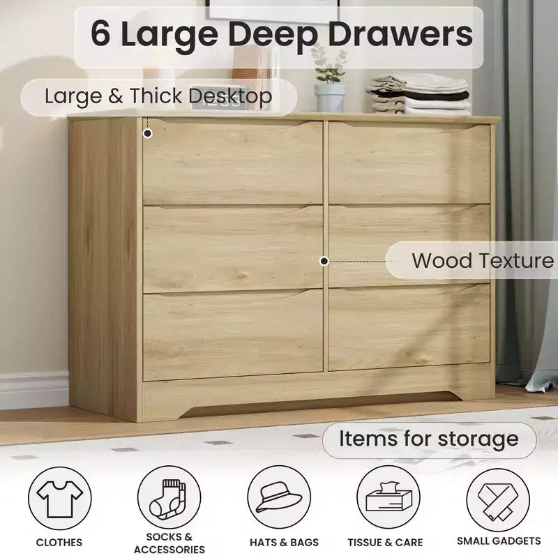 Commode à 6 tiroirs pour chambre à coucher, commode moderne, commode double en bois avec tiroirs profonds pour salon, couloir, entrée