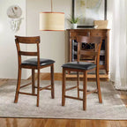 Costway Lot de 2 tabourets de bar Chaises hauteur comptoir avec assise en cuir et pieds en bois d'hévéa Marron, Noir