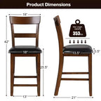 Costway Lot de 2 tabourets de bar Chaises hauteur comptoir avec assise en cuir et pieds en bois d'hévéa Marron, Noir