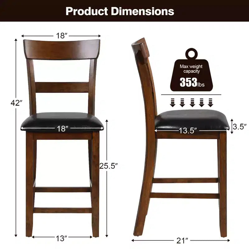 Costway Lot de 2 tabourets de bar Chaises hauteur comptoir avec assise en cuir et pieds en bois d'hévéa Marron, Noir