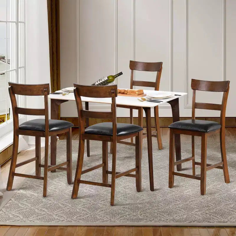 Costway Lot de 2 tabourets de bar Chaises hauteur comptoir avec assise en cuir et pieds en bois d'hévéa Marron, Noir