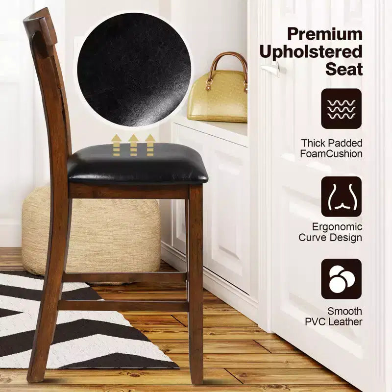 Costway Lot de 2 tabourets de bar Chaises hauteur comptoir avec assise en cuir et pieds en bois d'hévéa Marron, Noir