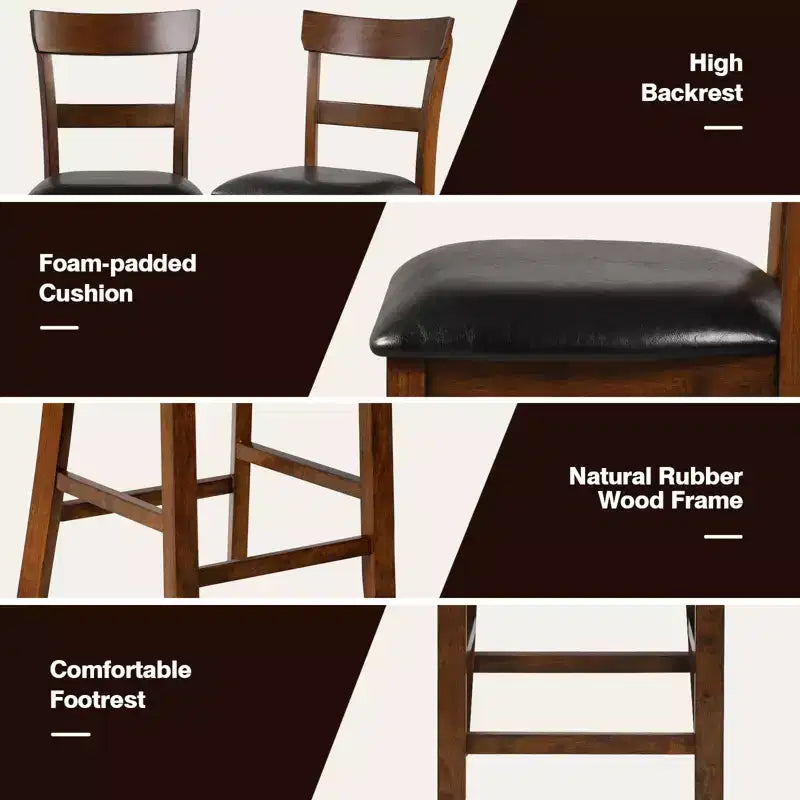 Costway Lot de 2 tabourets de bar Chaises hauteur comptoir avec assise en cuir et pieds en bois d'hévéa Marron, Noir