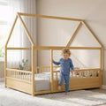Kids Montessori House Floor Bed Frame with Roof & Safety Guardrails  Full Size Solid Pine Wood Kids Bed, Natural Finish
