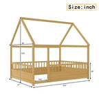 Lit au sol Montessori pour enfants avec toit et barrières de sécurité, lit pour enfants en bois de pin massif, taille complète, finition naturelle