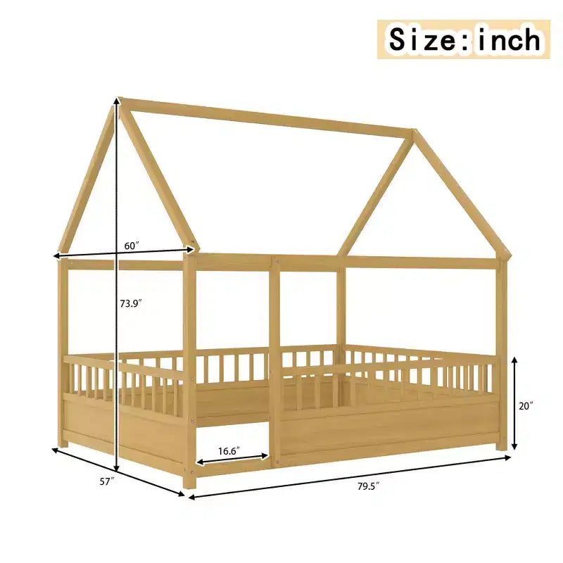 Lit au sol Montessori pour enfants avec toit et barrières de sécurité, lit pour enfants en bois de pin massif, taille complète, finition naturelle