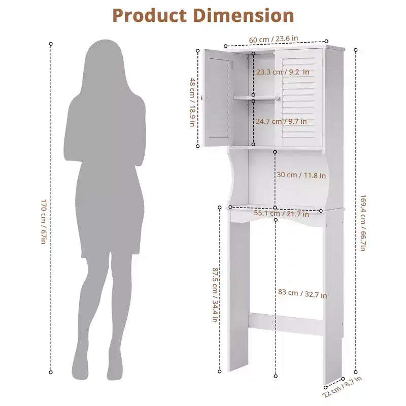 Meuble de rangement pour toilettes, peu encombrant, à 3 niveaux, organiseur de salle de bain autoportant avec étagère réglable, doubles portes, crochets, sécurité anti-basculement