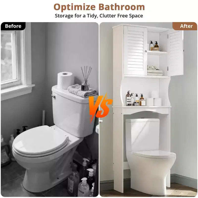 Meuble de rangement pour toilettes, peu encombrant, à 3 niveaux, organiseur de salle de bain autoportant avec étagère réglable, doubles portes, crochets, sécurité anti-basculement