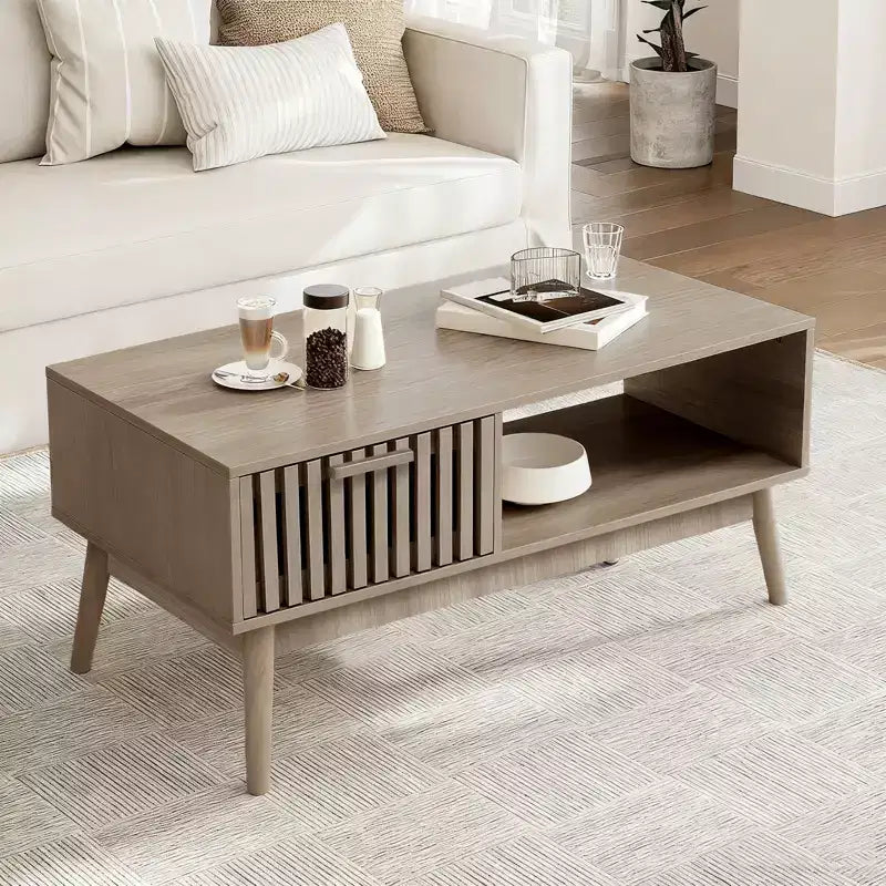 Table basse de ferme GustoWave avec rangement, table d'appoint cannelée rustique de 39,4 po avec tiroir et étagère ouverte pour salon