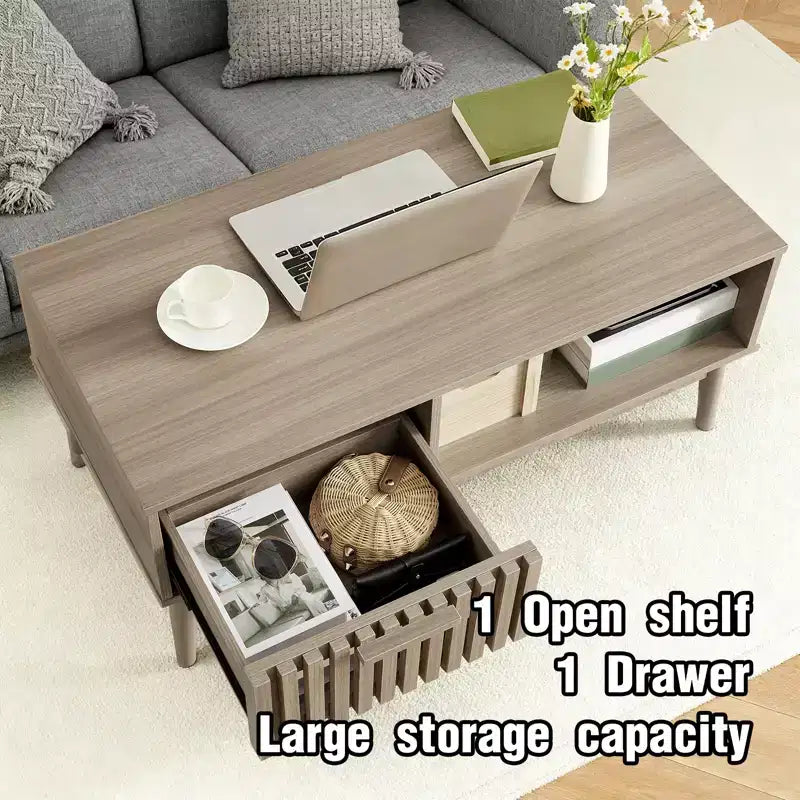 Table basse de ferme GustoWave avec rangement, table d'appoint cannelée rustique de 39,4 po avec tiroir et étagère ouverte pour salon