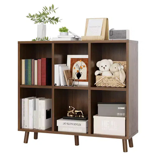 6-Tier Mid-Century Bookshelf, Rustic Cube Storage with Anti-Tip Legs, Retro Organizer for Living Room, Home Office