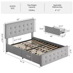Bed Frame with 4 Storage Drawers and Adjustable Headboard, Faux Leather Upholstered Platform, Button Tufted, Strong Wooden Slats, No Box Spring Needed