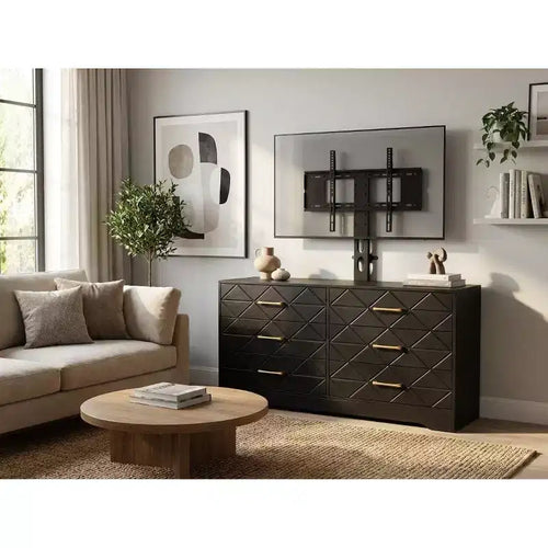 6 Drawers TV Stand for Living Room, Black Dresser Entertainment Center, Modern Media TV Console Table