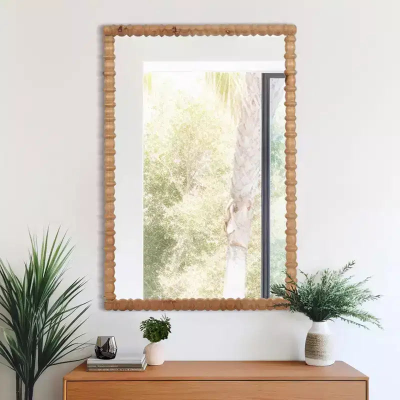 Rectangle Carved Wood Wall Mirror with Fir Wood Frame for Bedroom Decor - Vintage-Inspired Design for Hallway, Entryway, and Living Room - 44?, Brown