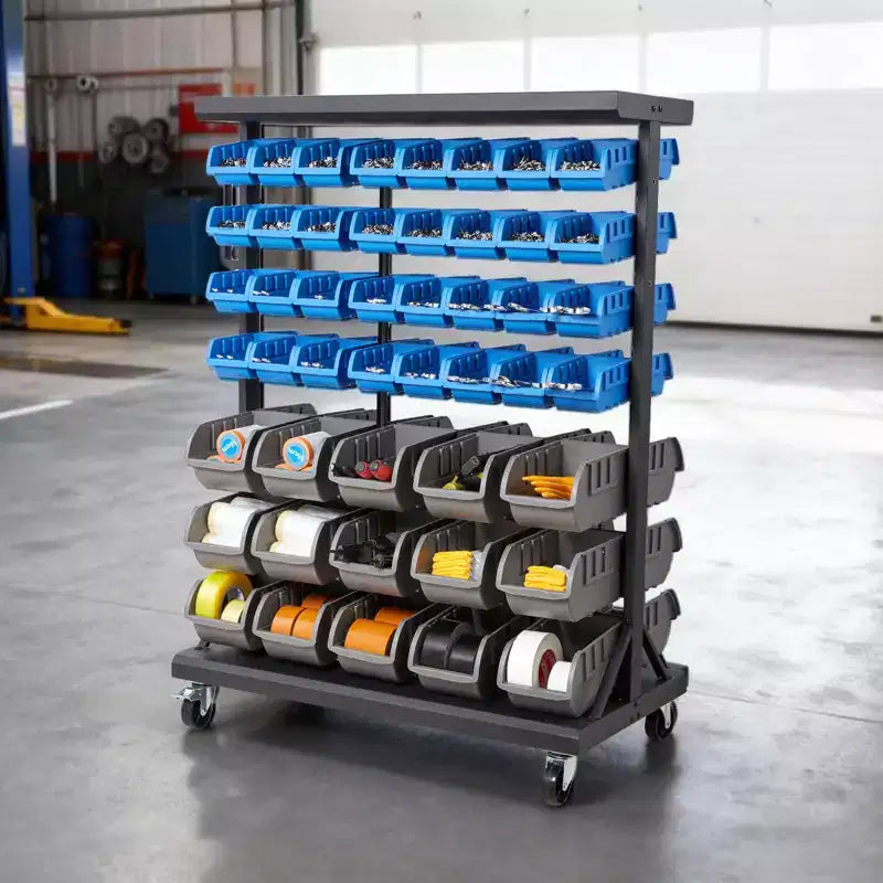 Étagère de rangement à bacs roulants double face VEVOR à 7 niveaux, 94 bacs en plastique, organisateur de pièces double face avec roues, organisateur d'outils mobile, noir