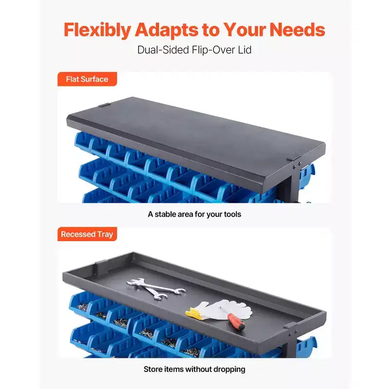Étagère de rangement à bacs roulants double face VEVOR à 7 niveaux, 94 bacs en plastique, organisateur de pièces double face avec roues, organisateur d'outils mobile, noir