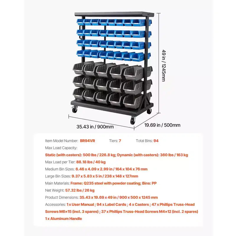 Étagère de rangement à bacs roulants double face VEVOR à 7 niveaux, 94 bacs en plastique, organisateur de pièces double face avec roues, organisateur d'outils mobile, noir
