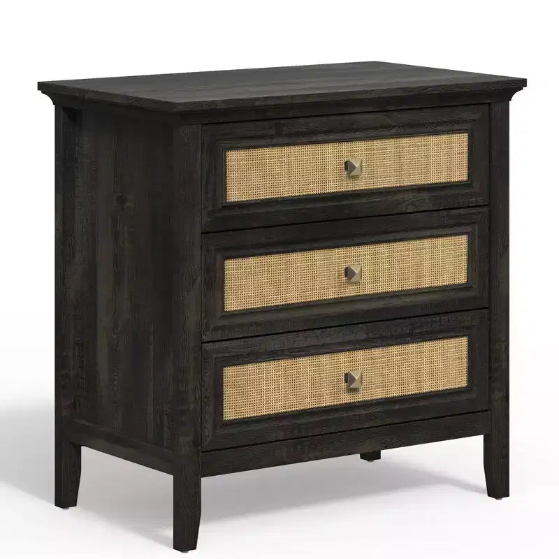 Commode à 3 tiroirs en rotin, Chiffonnier en bois style ferme, Chêne foncé