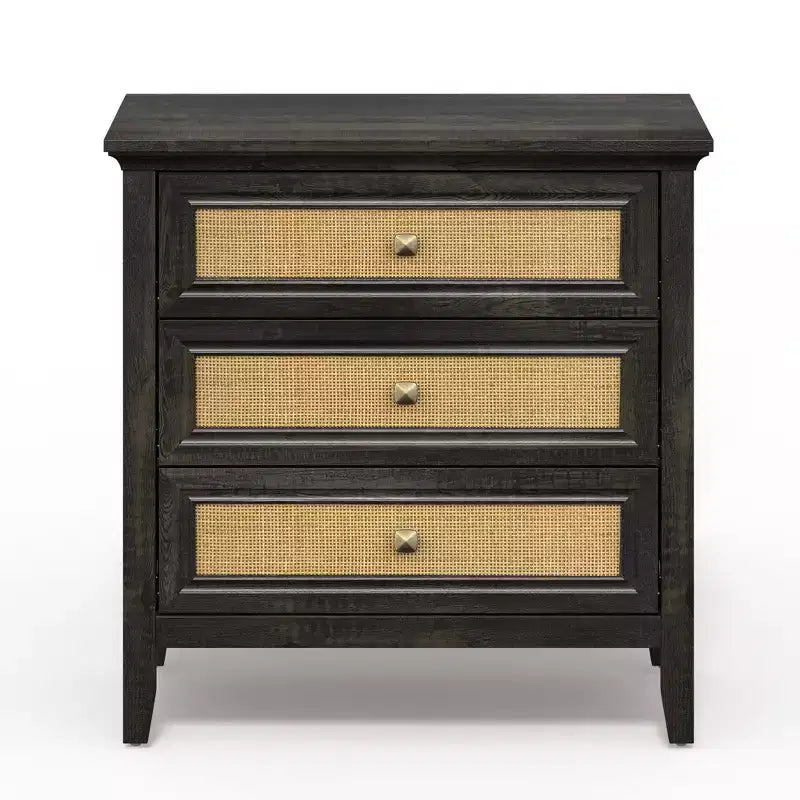 Commode à 3 tiroirs en rotin, Chiffonnier en bois style ferme, Chêne foncé
