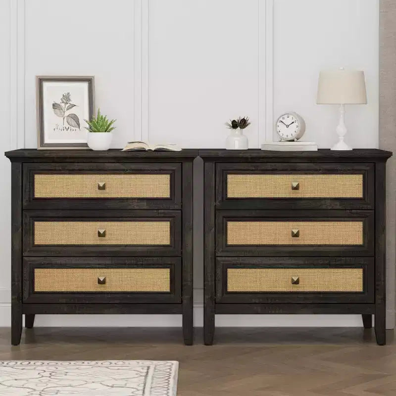 Commode à 3 tiroirs en rotin, Chiffonnier en bois style ferme, Chêne foncé